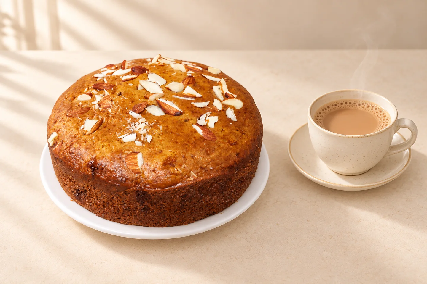 Mala’s golden almond-topped tea cake with a warm cup of chai on a cream table.